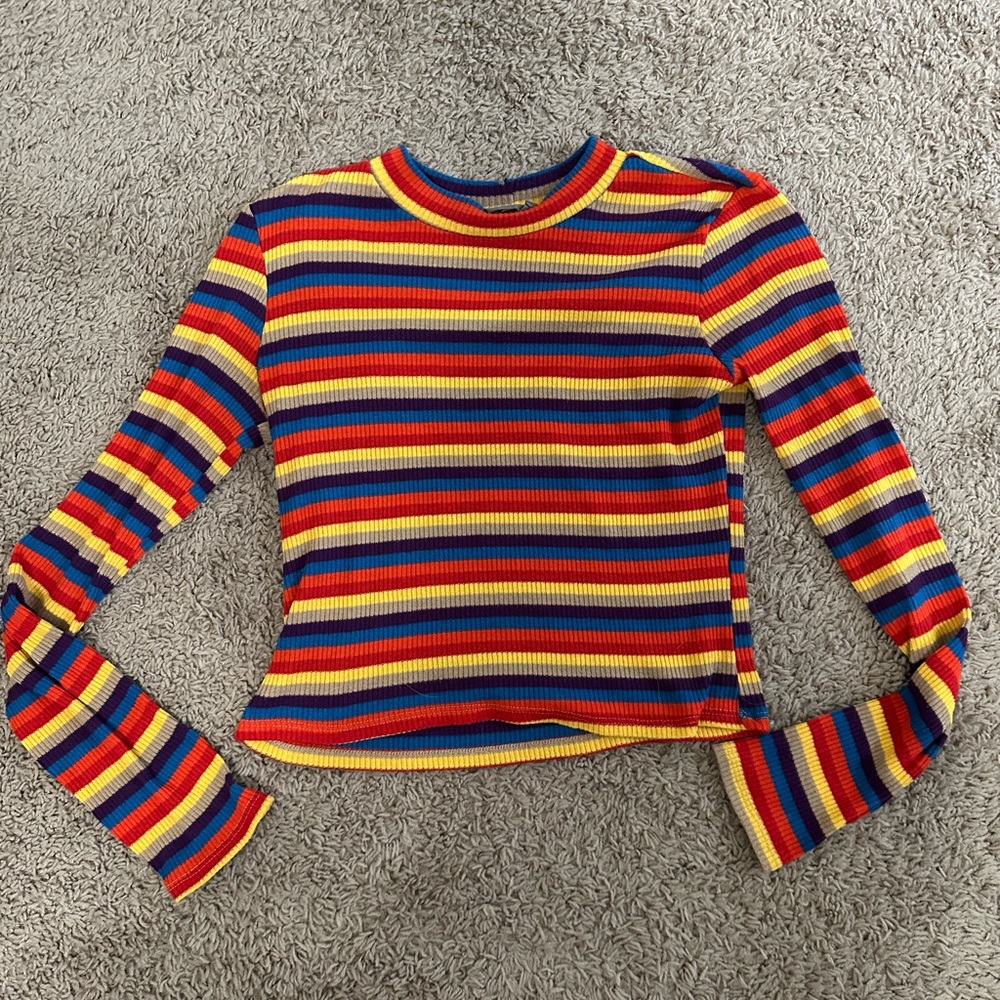 Vibrant Red and Yellow Long Sleeve Tee with Retro Stripes